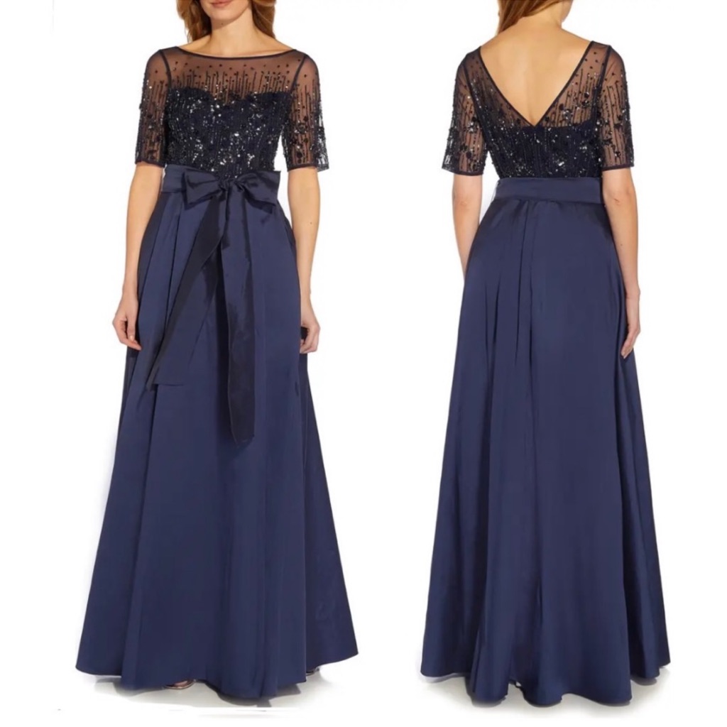Nwt Adrianna Papell Gown Navy Beaded Mesh Taffeta Ballgown 6 Bow Waist